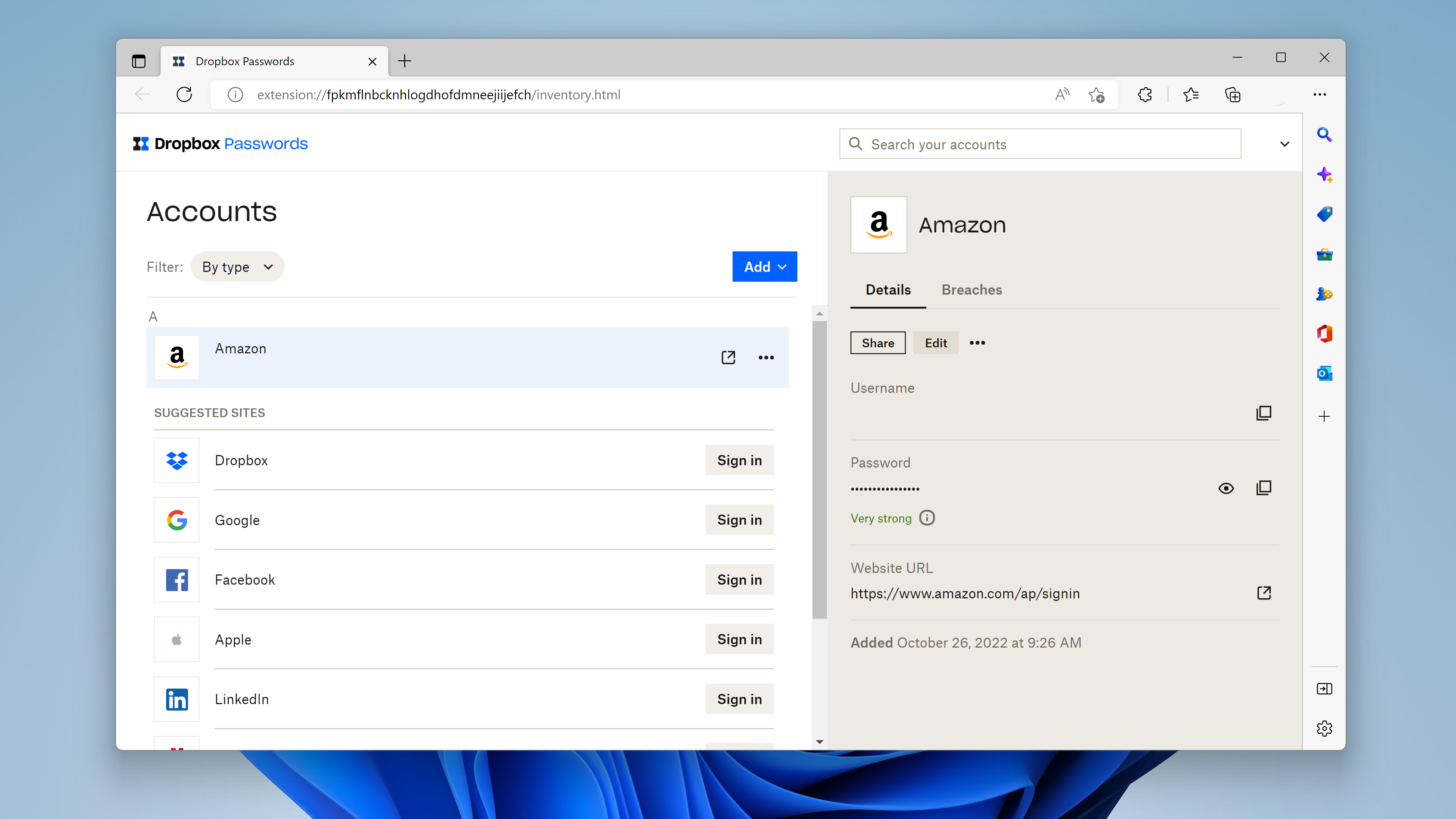Dropbox Passwords dashboard