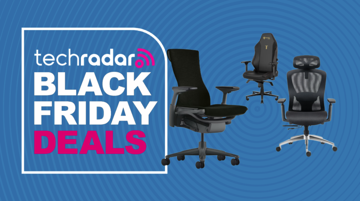 Boulies EP200, Herman Miller Embody, and Secretlab Titan Evo office chairs on a blue background next to a TechRadar badge reading 'Black Friday deals'
