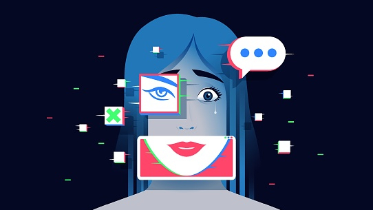 Illustration of a girl's face being manipulated by AI