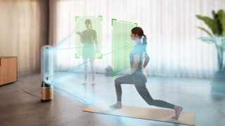 Dyson Find+Follow Purifier Cool promotional image showing two women working out and the air being directed at both