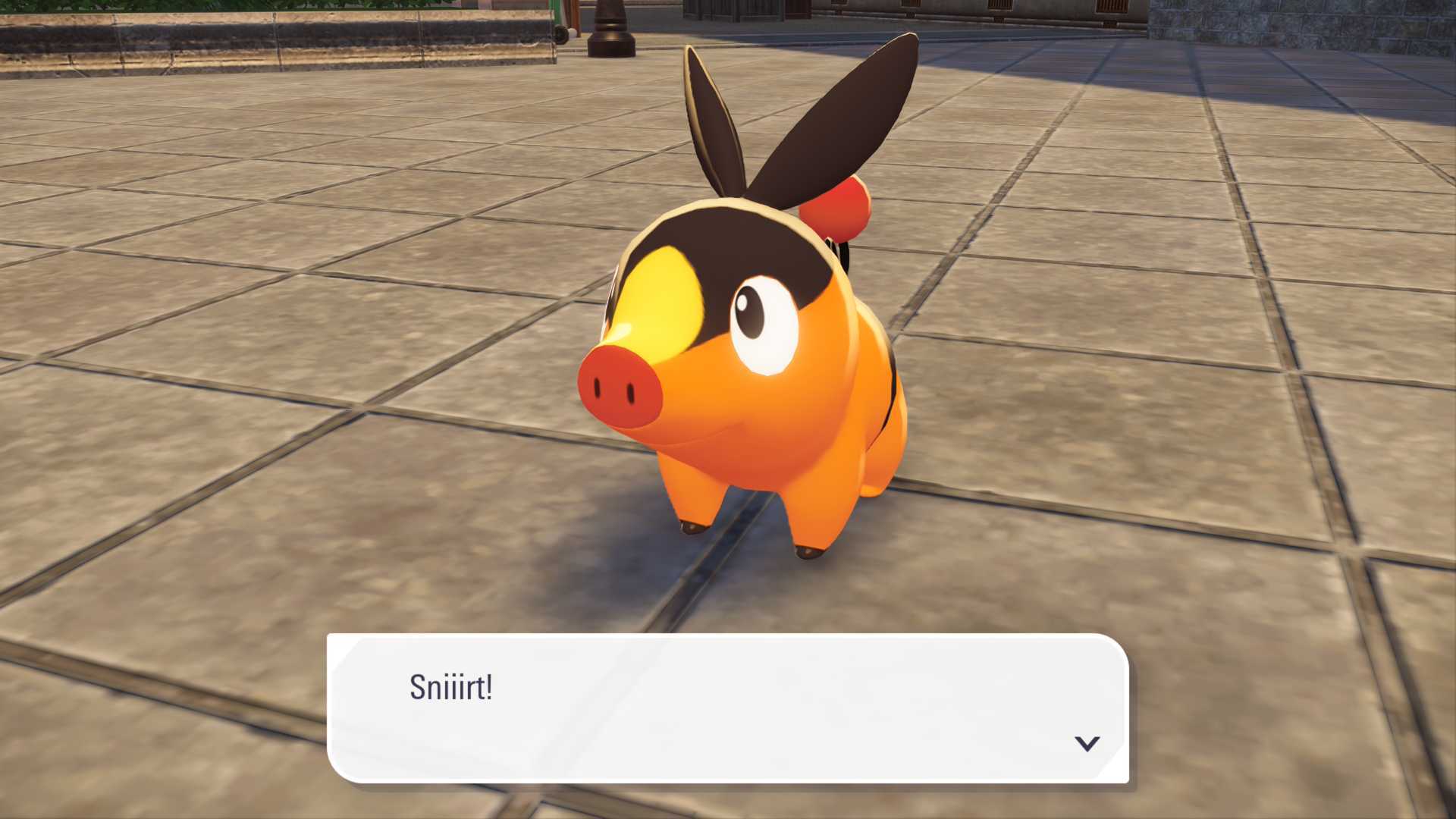 Tepig stands on the ground, with a speech bubble that says "Sniiirt!"