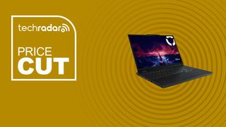 The Lenovo Legion 5 on a yellow background with text saying Price Cut.