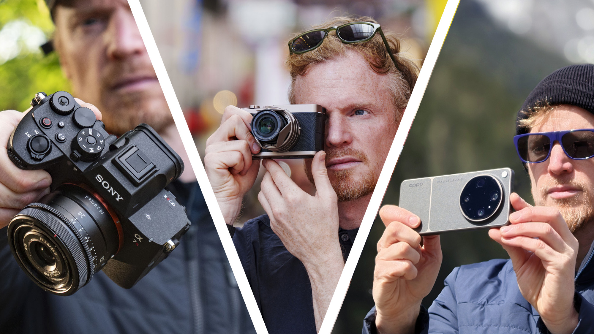 Photographer and tech journalist Tim Coleman in a trio of images holding different cameras in outdoor locations, from left to right with the Sony A7R VI, Lumix L10 and Oppo Find X9 Ultra