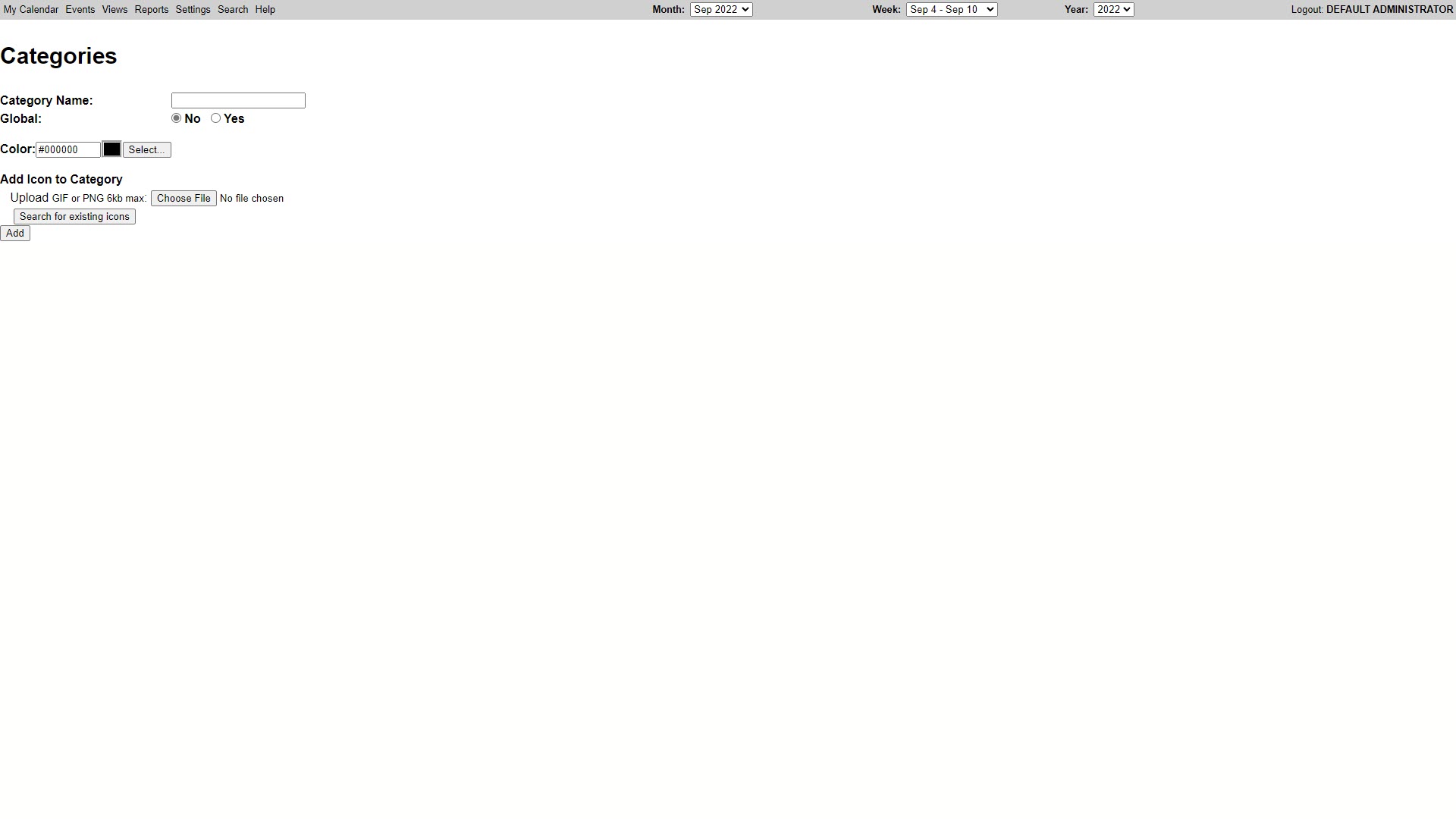 Screenshot of the WebCalendar Make New Category page