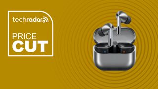 The Samsung Galaxy Buds 3 Pro on a yellow background with text saying Price Cut.