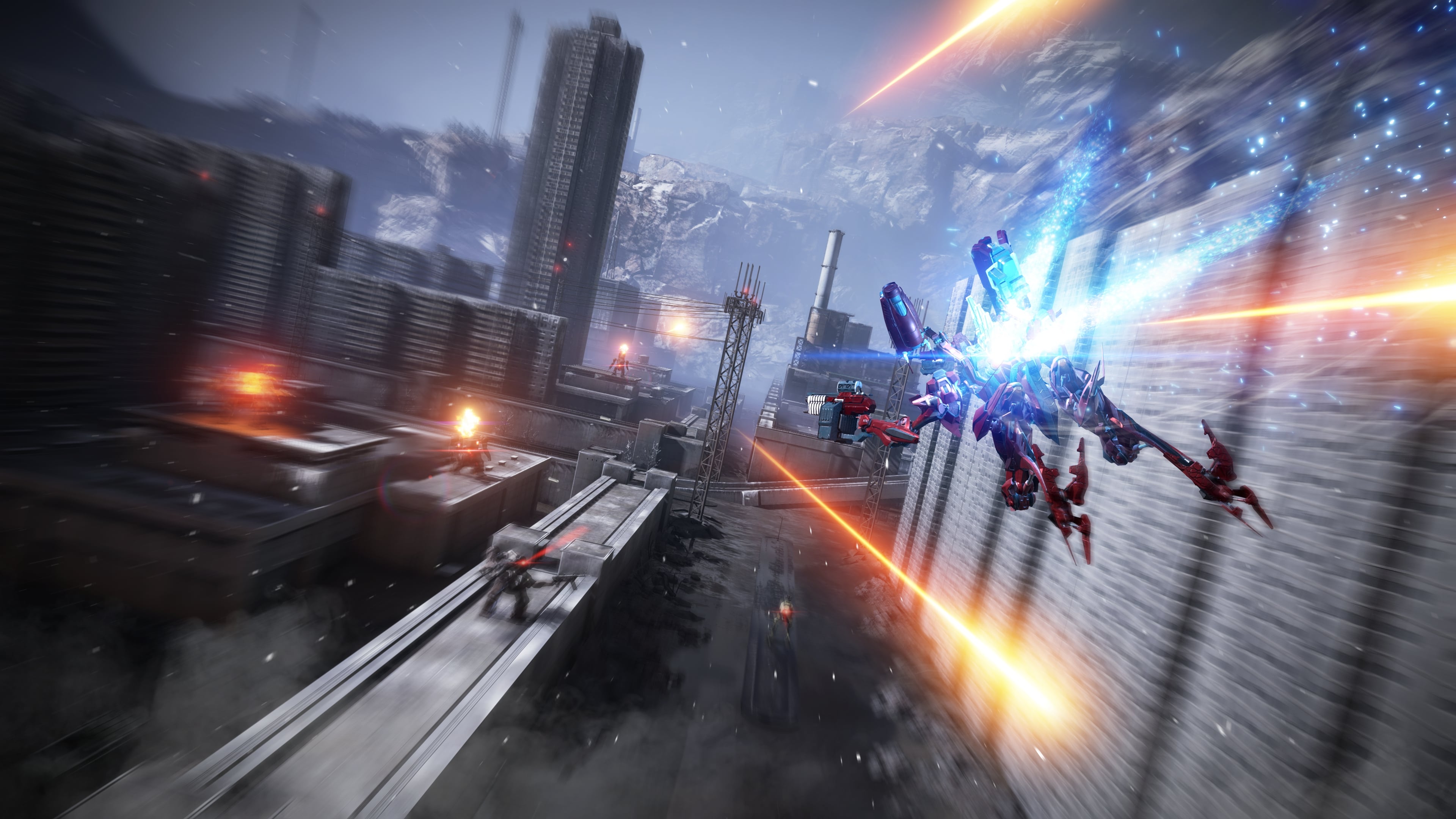A red mech wallruns into battle