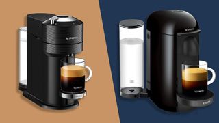 The Nespresso Vertuo Next on a beige background and the Nespresso Vertuo Plus on a green background