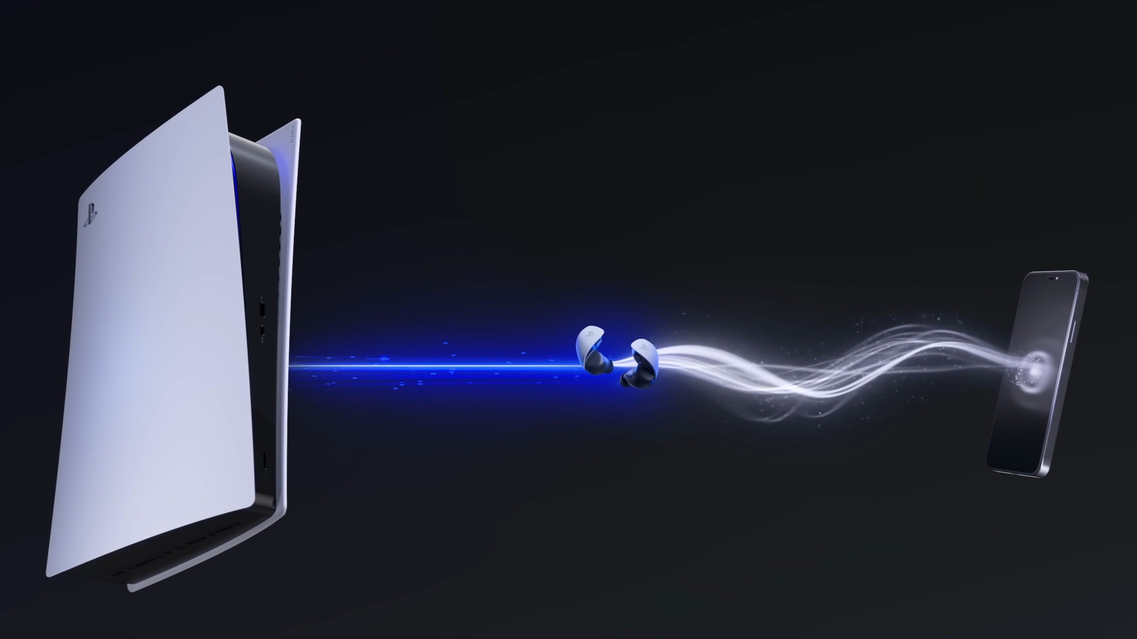 A PlayStation Link graphic showing a PS5, mobile phone, and pair of Pulse Explore earbuds