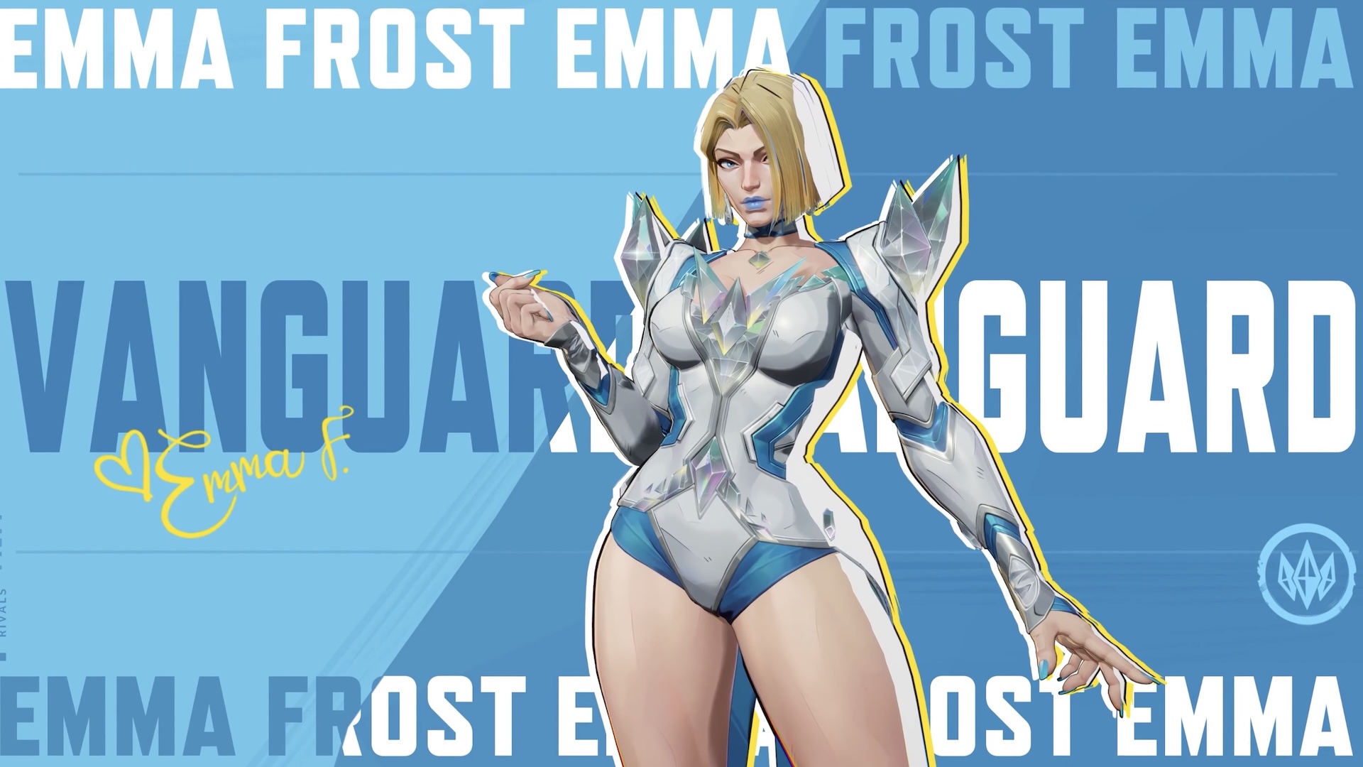 Emma Frost poses in front of a blue background overlaid with the words "Vanguard" and "Emma Frost"