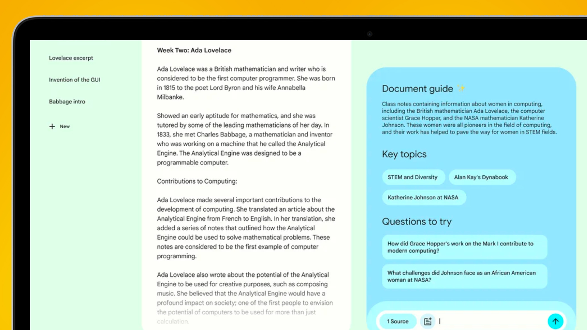 A laptop screen on an orange background showing NotebookLM