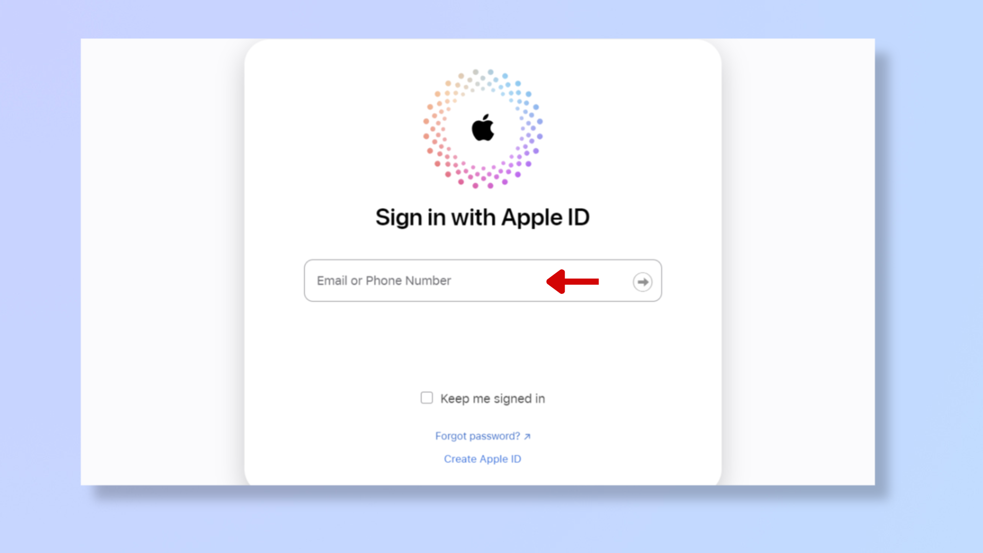 A screenshot of the icloud.com sign in page, with a red arrow pointing at the Email or Phone Number field. 