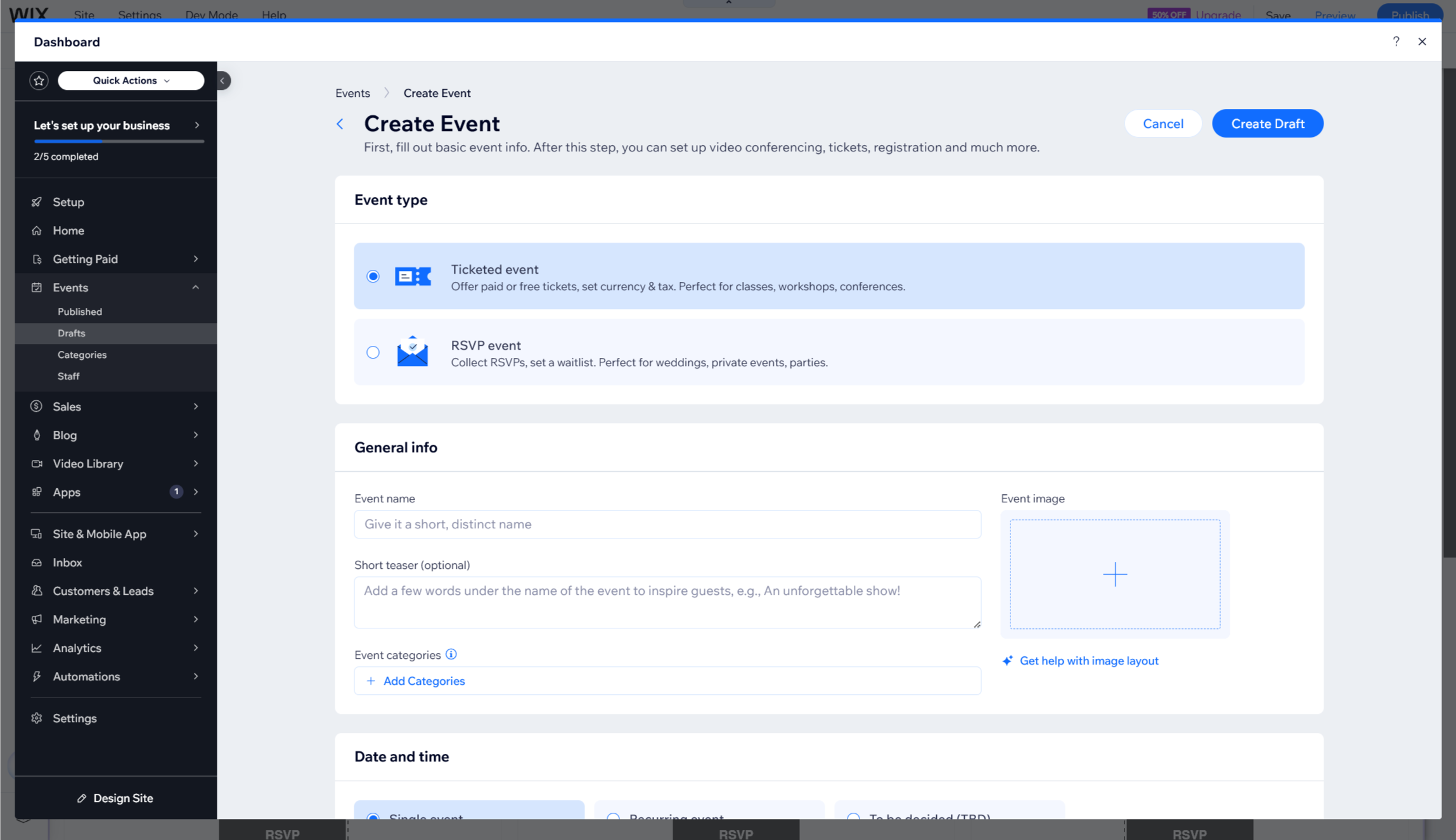 Wix event dashboard