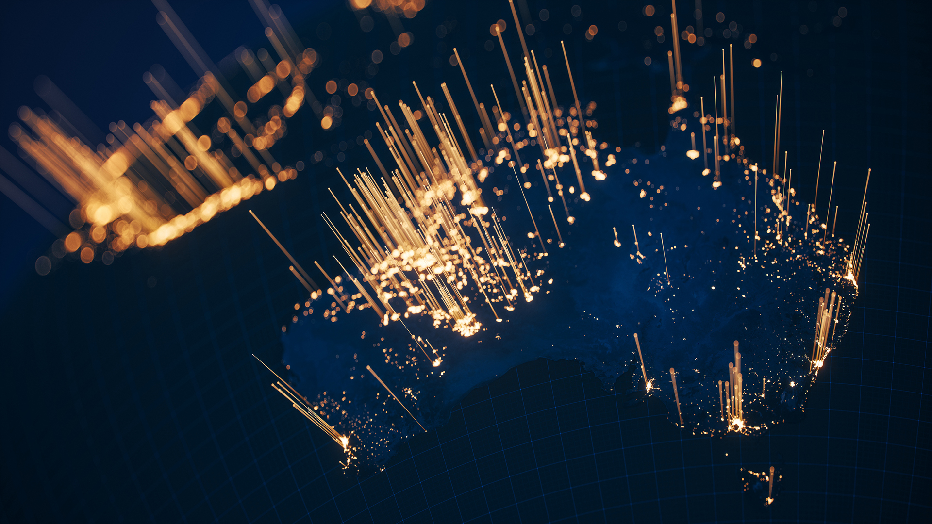 Earth with city lights and communication lines view from space at night.
