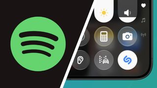 The Spotify logo next to a smartphone showing the Shazam shortcut in the iOS control center