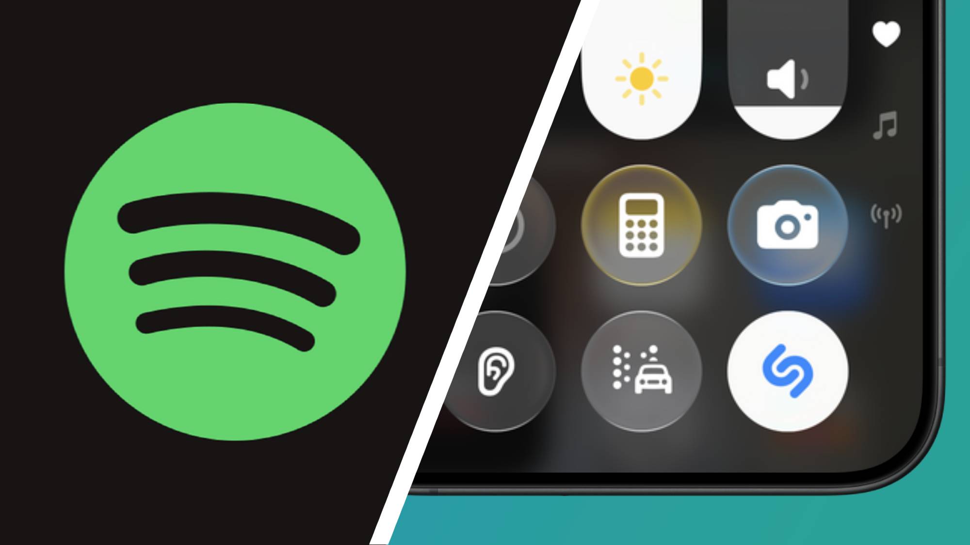 The Spotify logo next to a smartphone showing the Shazam shortcut in the iOS control center