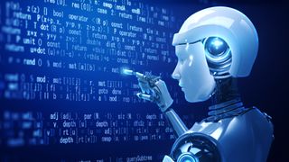 A robot in front of a digital screen, touching some of the symbols with its outstretched finger