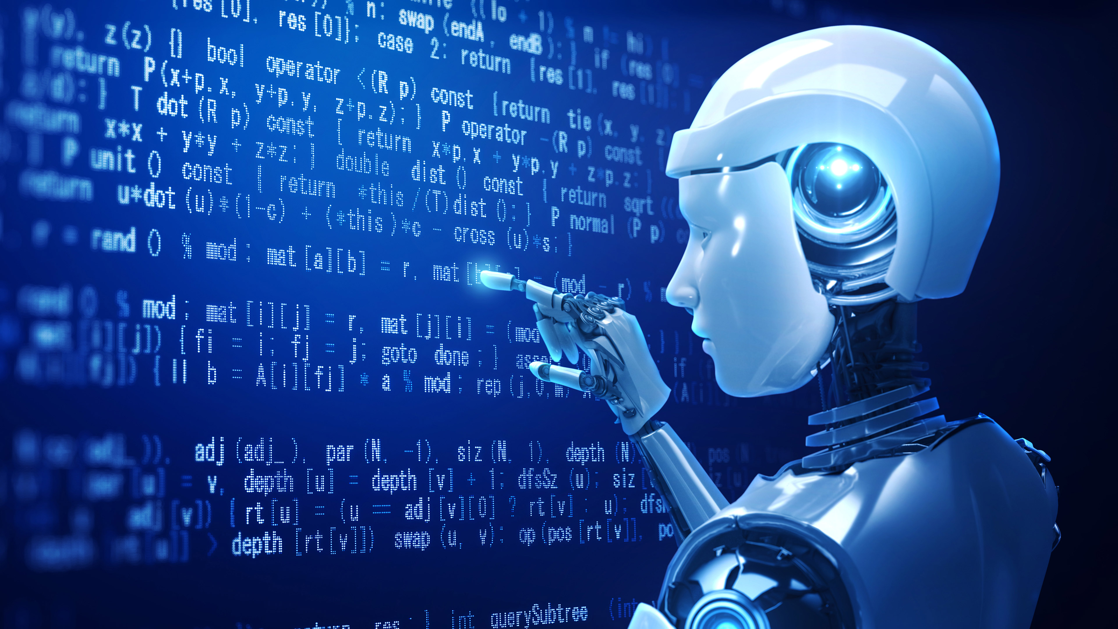 A robot in front of a digital screen, touching some of the symbols with its outstretched finger