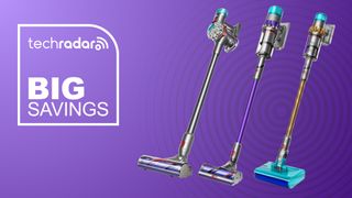 Three Dyson vacuums on a purple background