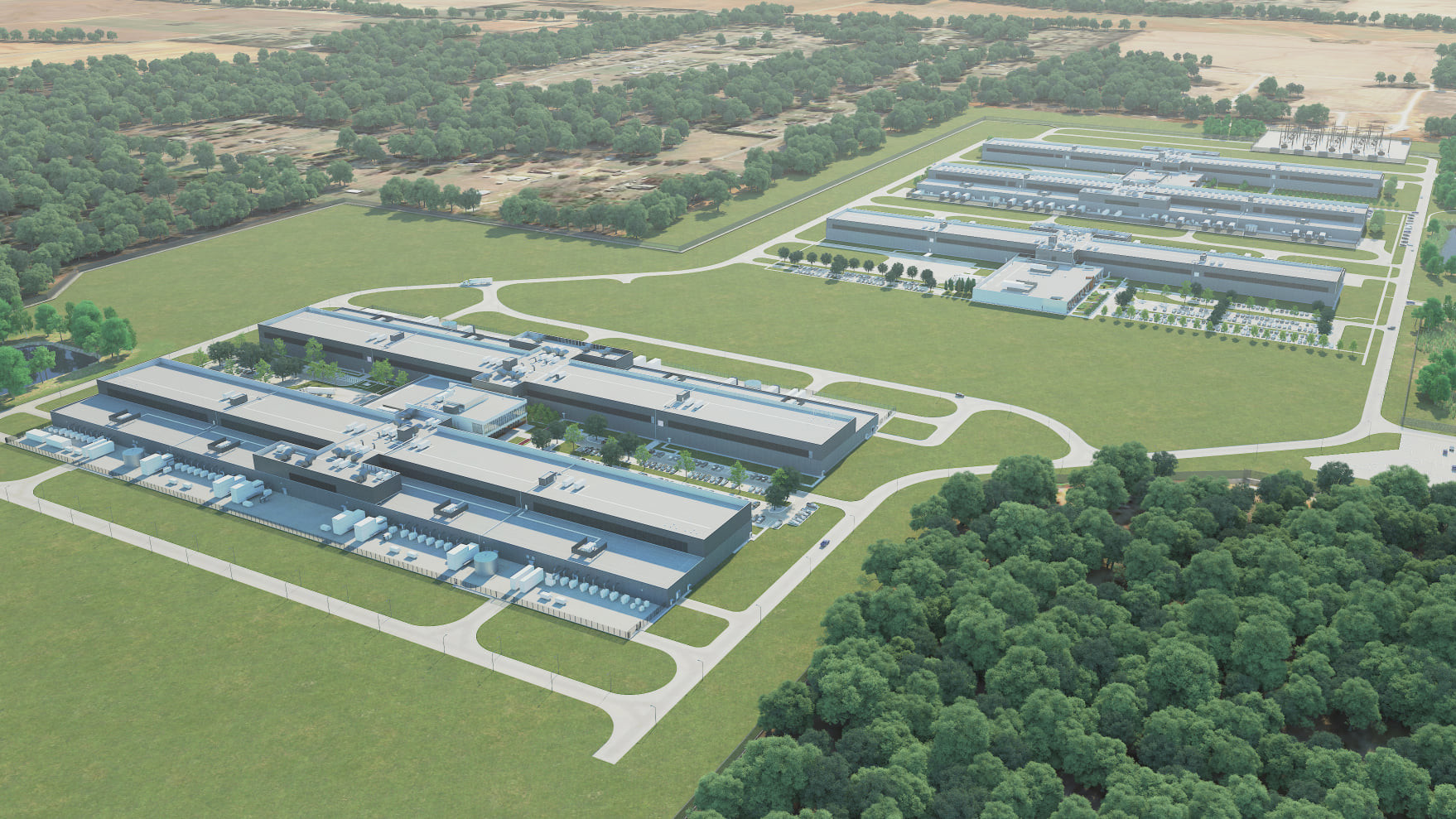 Concept art of Meta's planned data center campus in Huntsville, Alabama