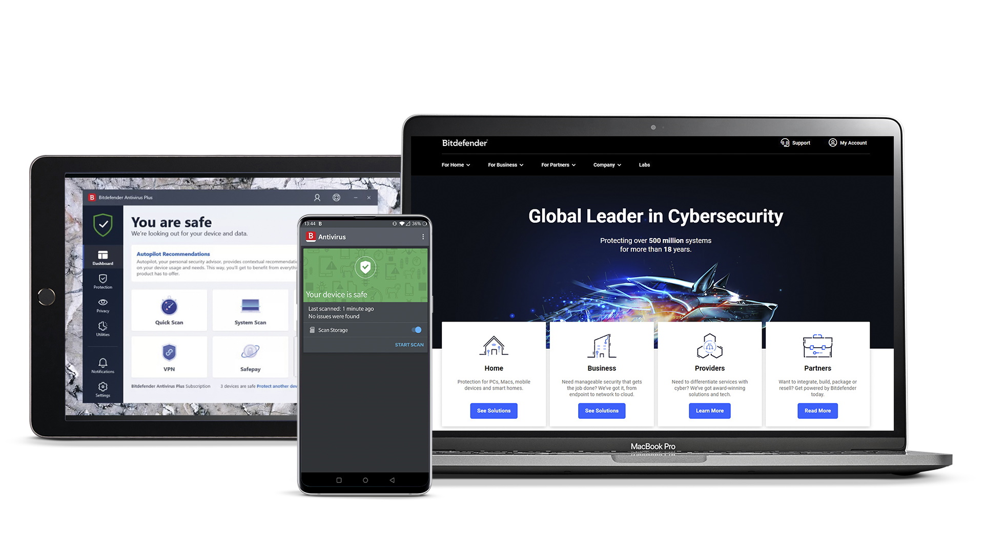 Our top ranked antivirus Bitdefender shown running on a laptop, tablet and phone