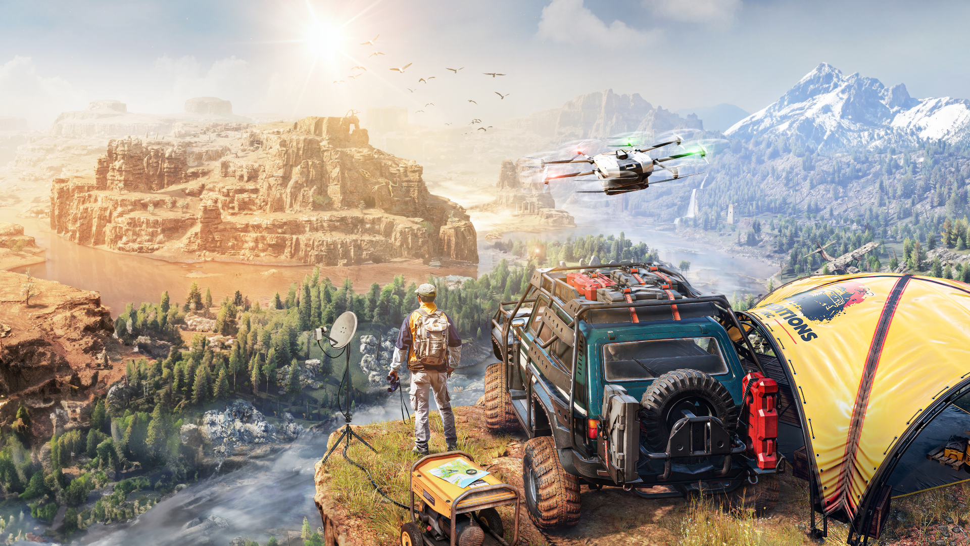 Vehicle and character sat on top of a mountain
