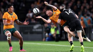 Corey Toole of Australia offloads the ball during the The Rugby Championship & Bledisloe Cup match between New Zealand All Blacks and Australia Wallabies at Eden Park on September 27, 2025 in Auckland, New Zealand. 