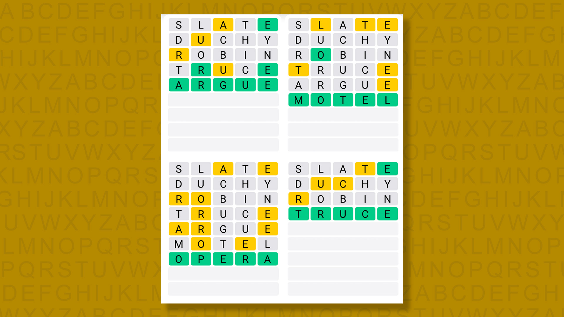 Quordle answers for game 1622 on a yellow background