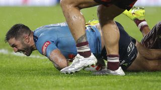 NSW's James Tedesco scores a try during Game 1 of the 2026 State of Origin series