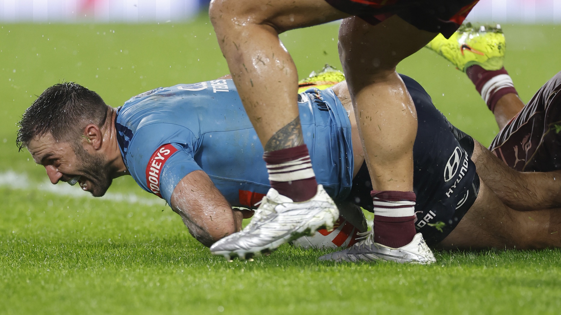 NSW's James Tedesco scores a try during Game 1 of the 2026 State of Origin series