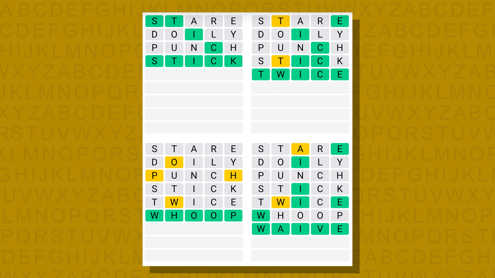 Quordle answers for game 678 on a yellow background