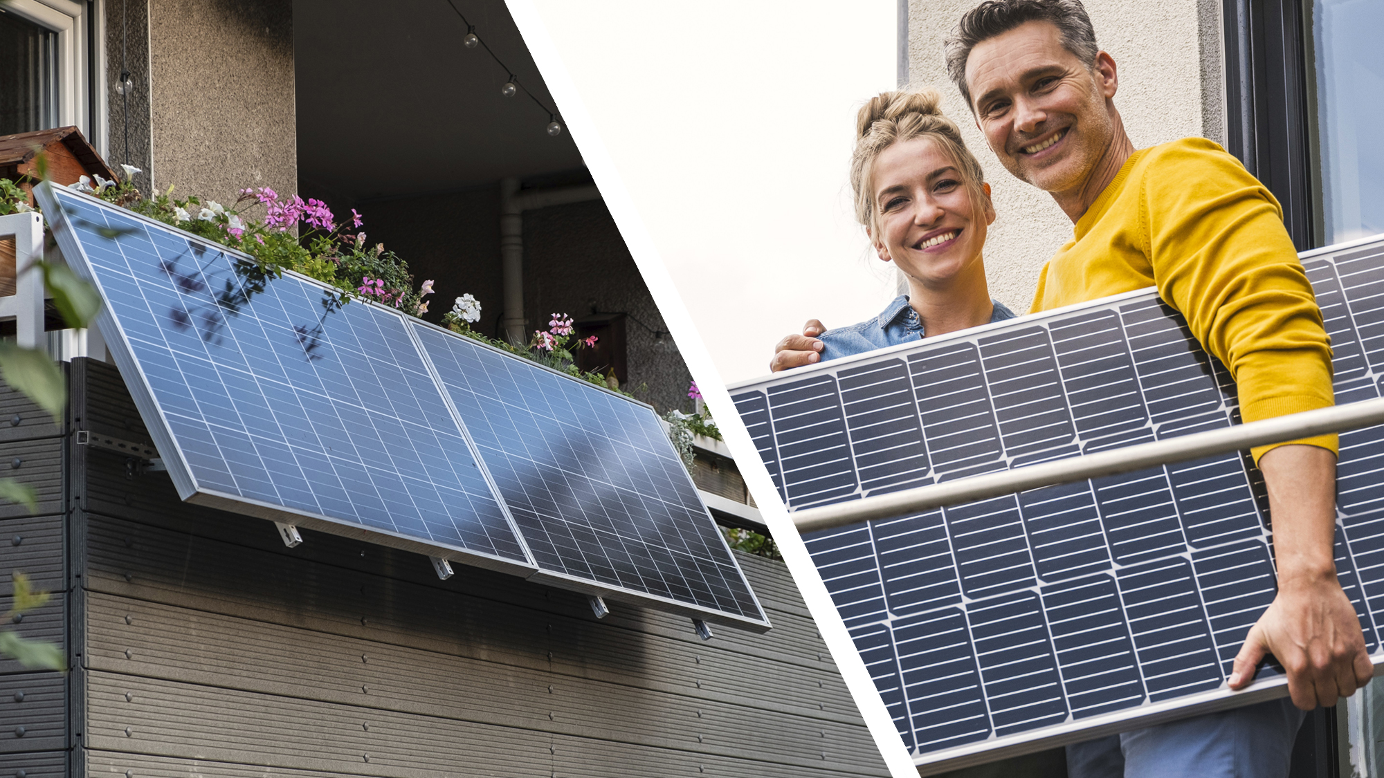 A balcony solar panel next to a man with a solar panel under his arm