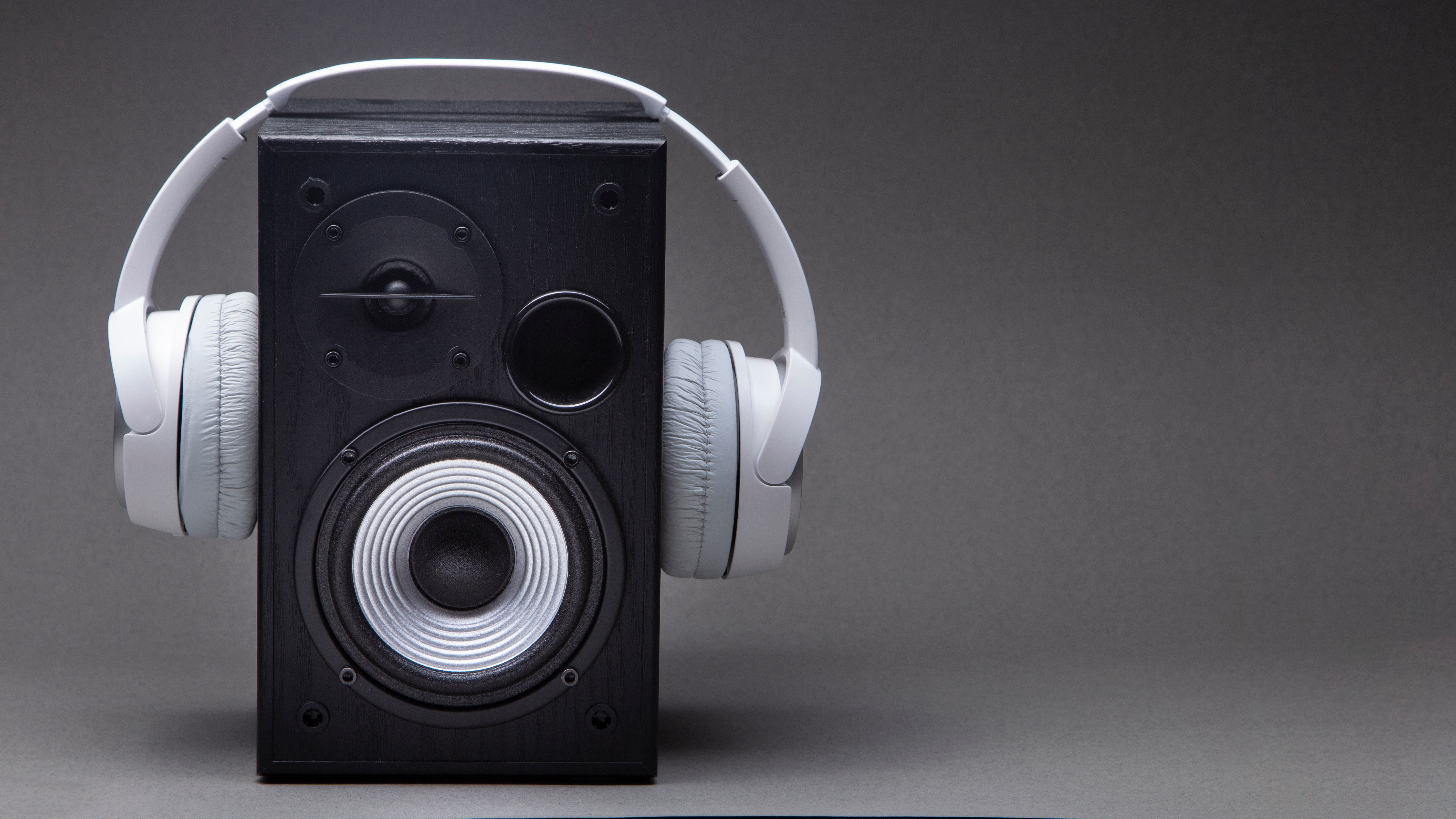 PC speaker wearing a pair of headphones