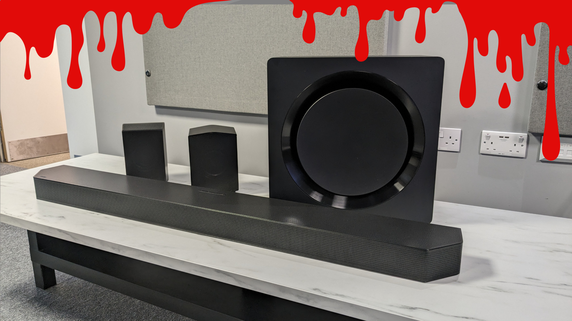 Samsung HW-Q990D soundbar with Halloween theme over the top