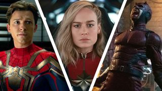 A collage of a demasked Spider-Man, Captain Marvel staring into the camera, and Daredevil shouting