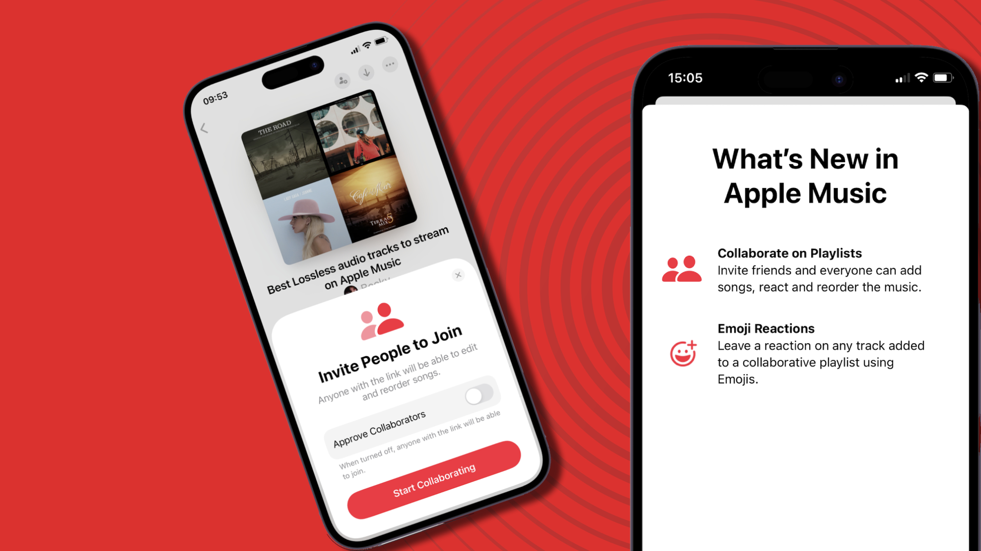 Apple Music collaborative playlists on an iPhone screen, on red background