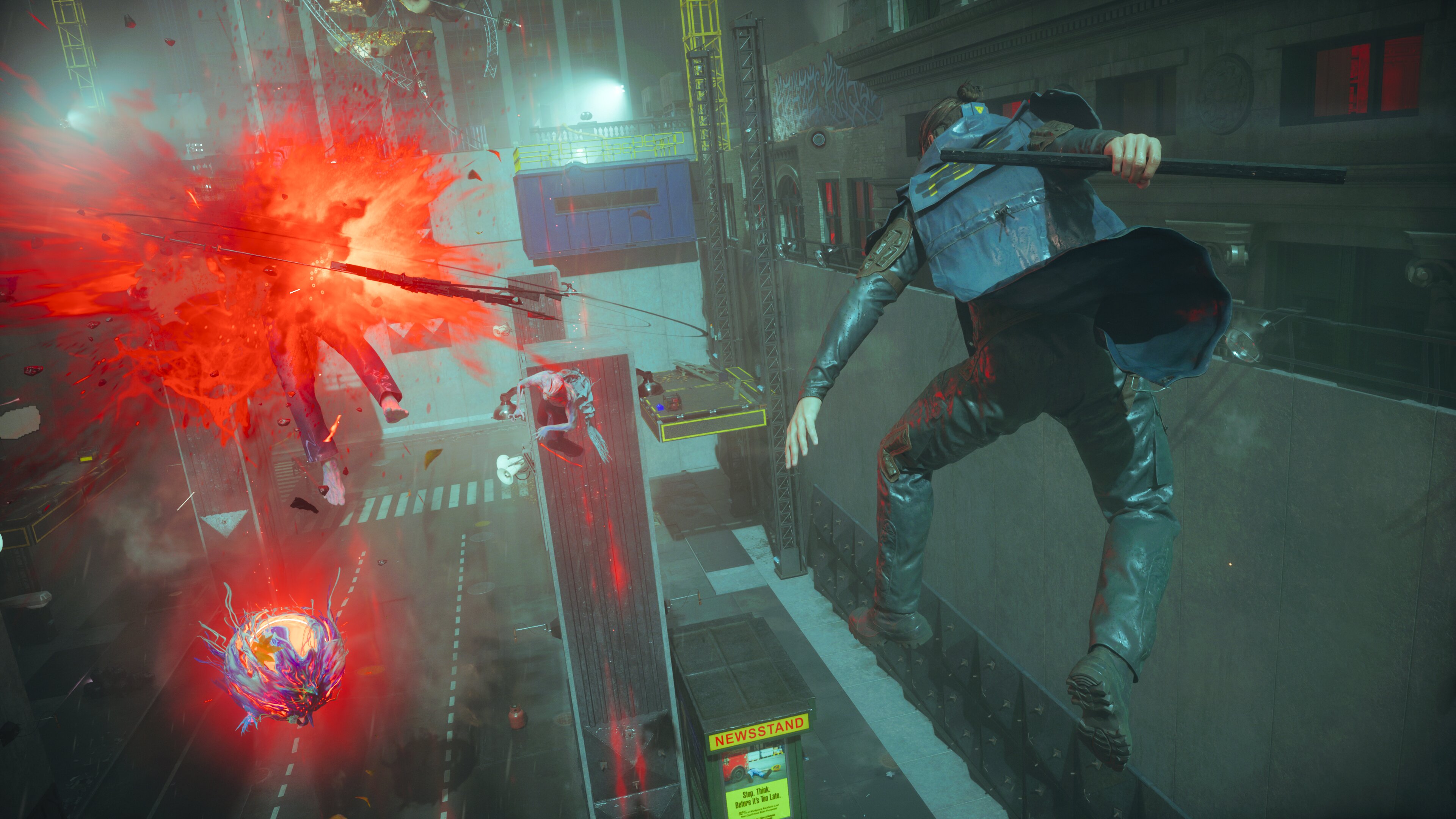 A screenshot from the game Control Resonant showing Dylan Faden, The Hiss, the warped streets of Manhattan, and active combat