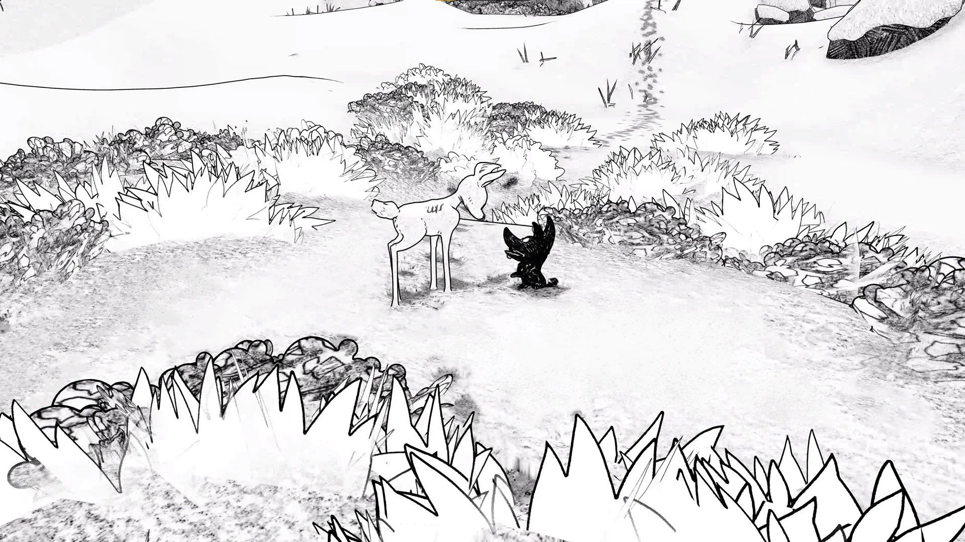 Two creatures standing beside each other in a black and white hand drawn style
