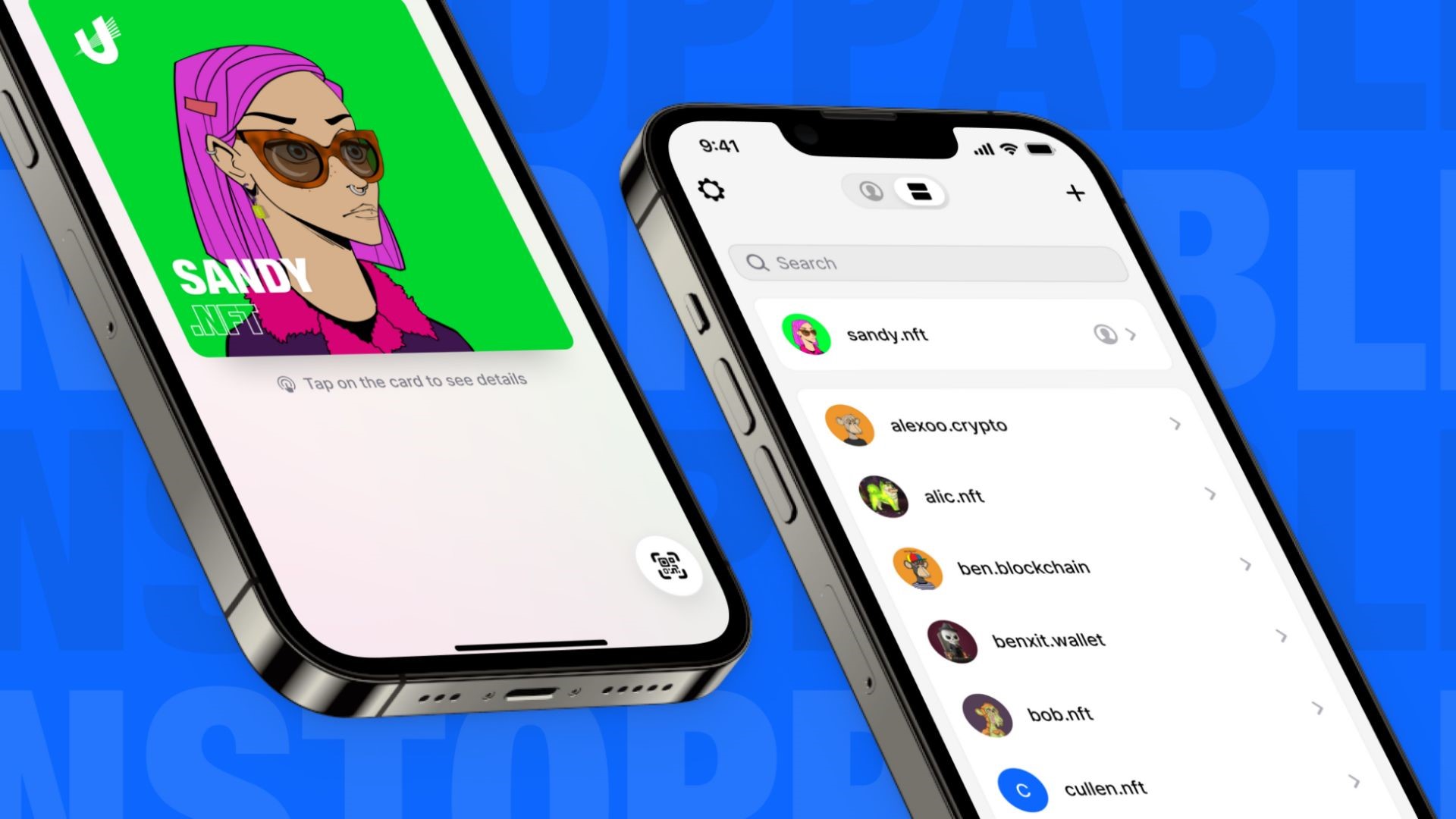 Smartphones with domain names listed on a blue background with Unstoppable Domains text