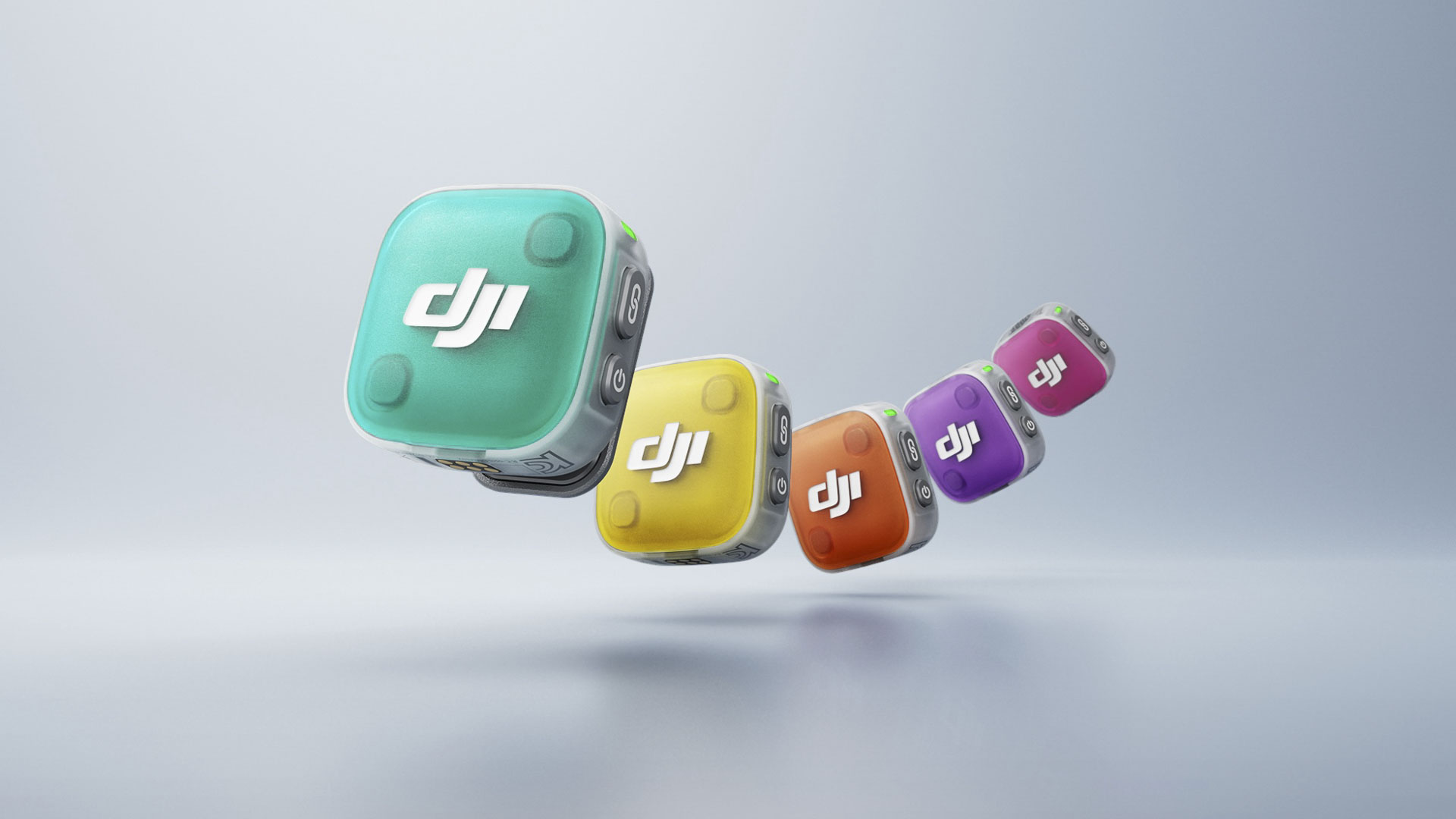 DJI Mic Mini 2 in five different colors, animated in a white studio environment