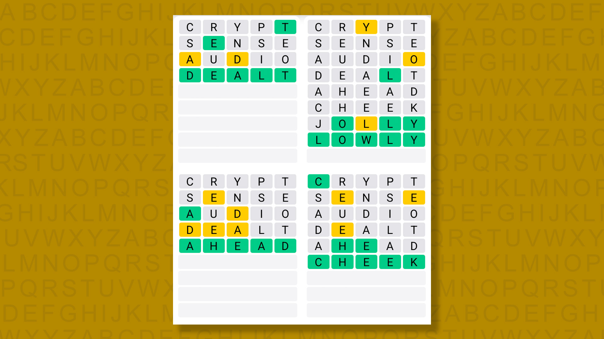 Quordle answers for game 1564 on a yellow background