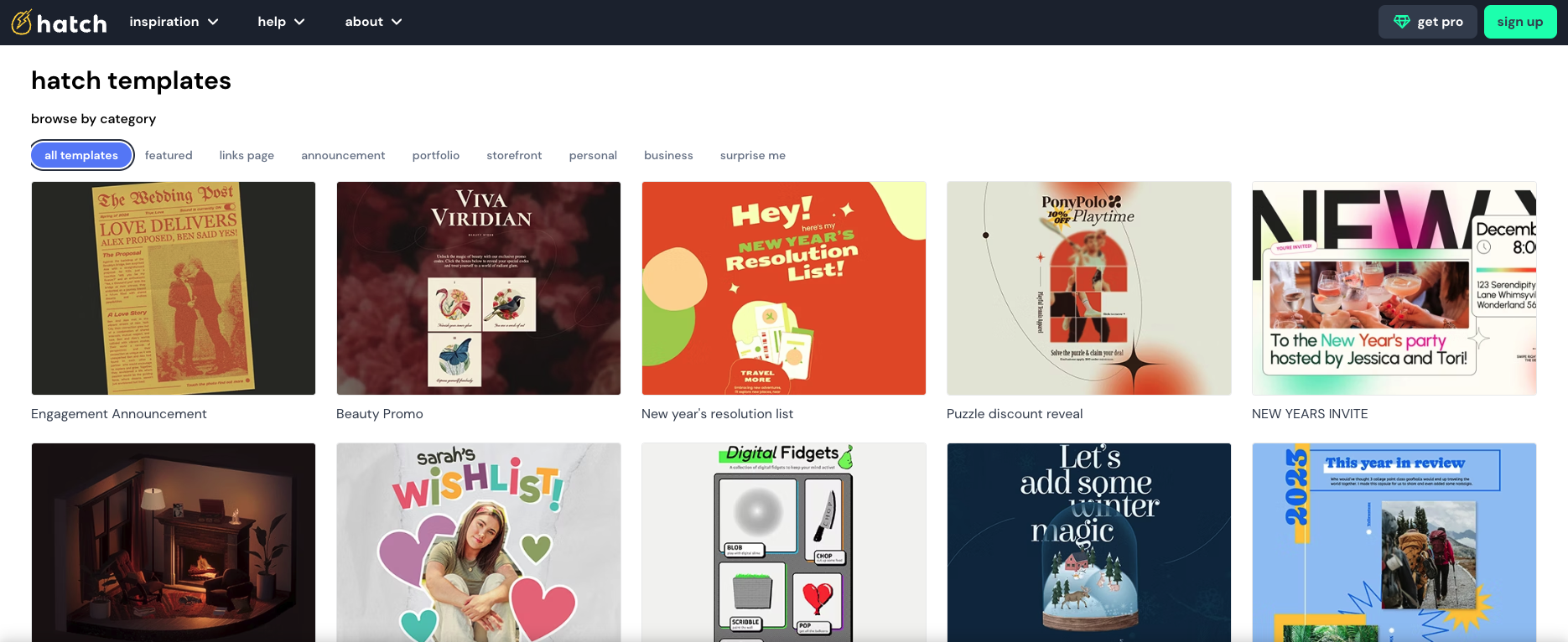 screenshot of hatch website builder website with website builder template options