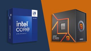 An intel core i9-14900K vs 7950X from AMD facing off against a two-tone background