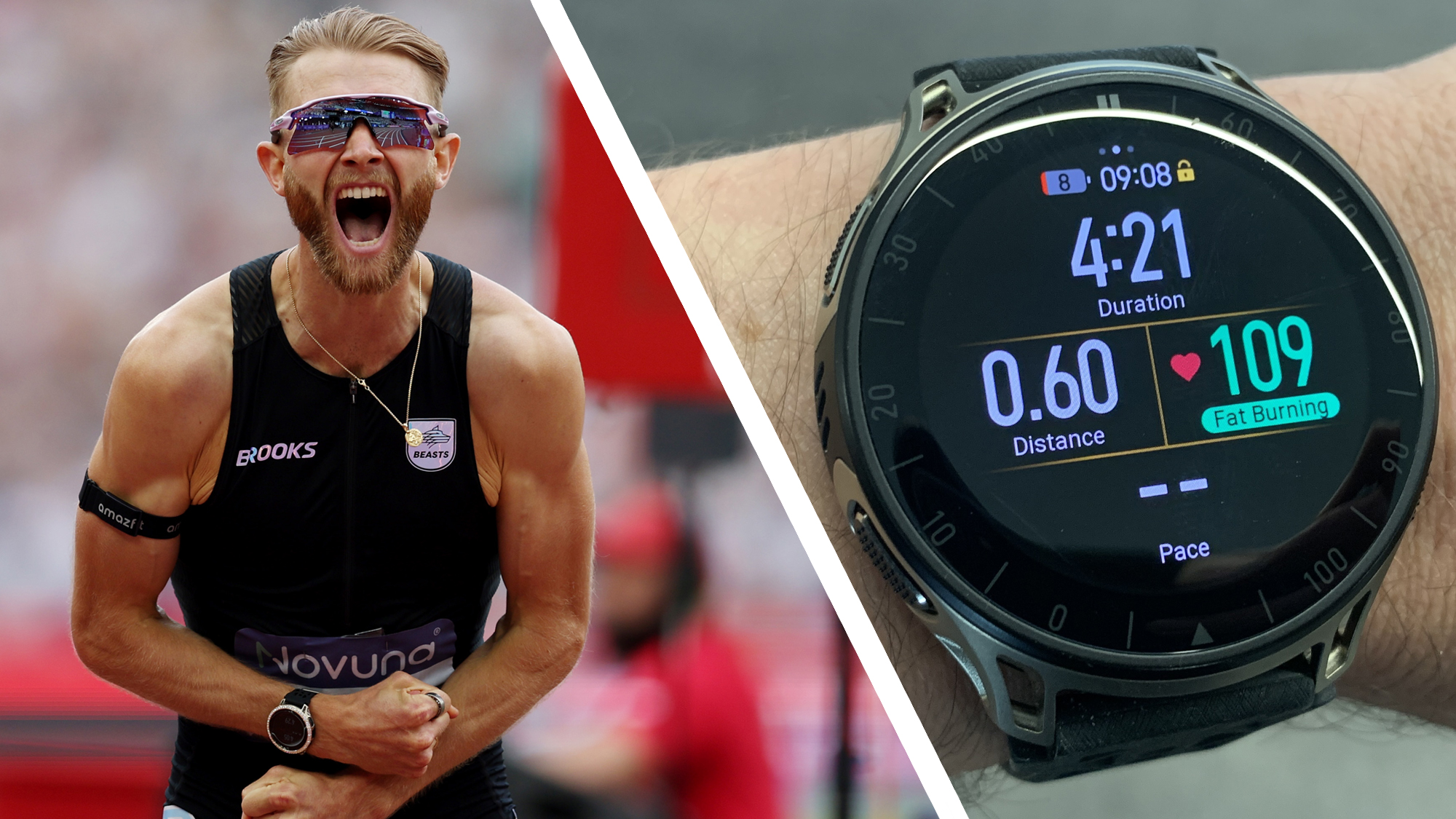 Josh Kerr celebrating break the one mile record next to an Amazfit watch on a wrist