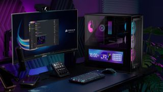 Corsair Frame 4000D LCD RS ARGB PC case on a desk next to a gaming PC setup