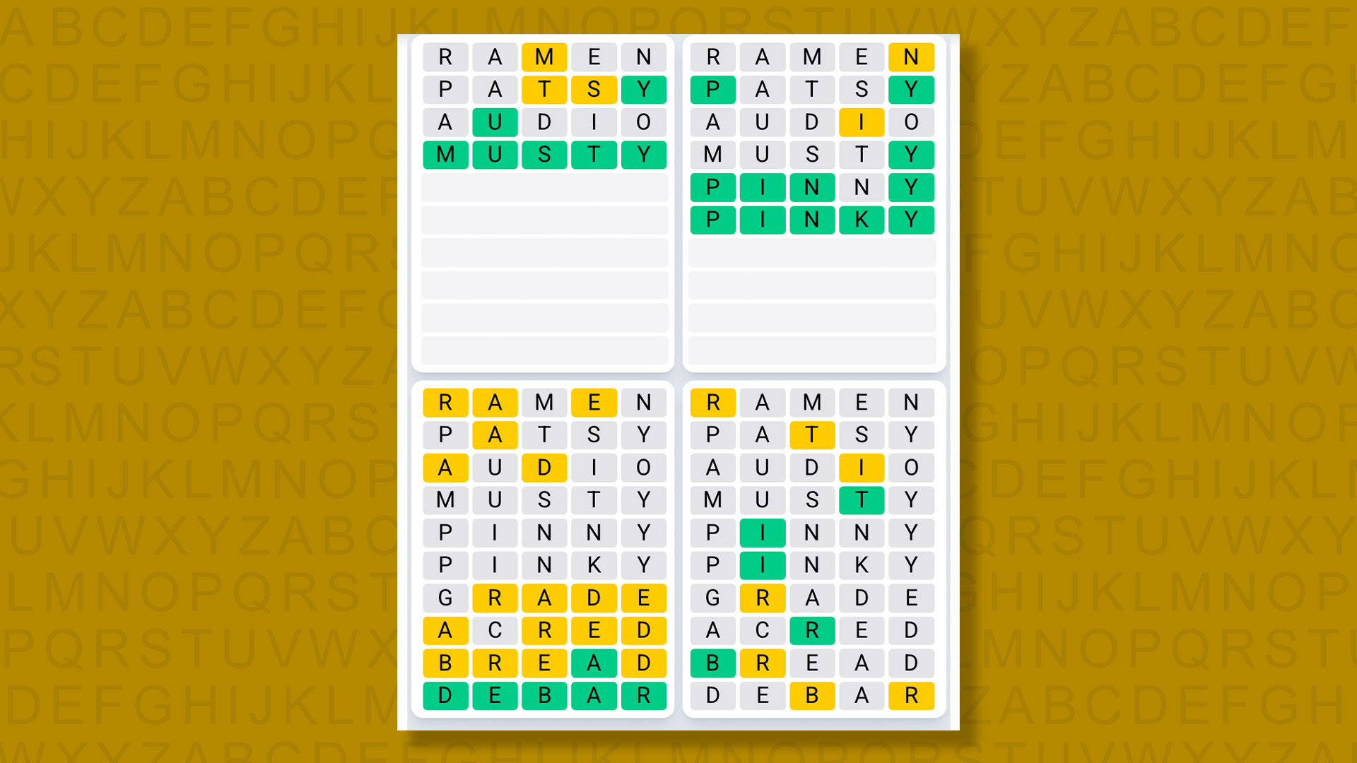 Quordle Daily Sequence answers for game 1605 on a yellow background