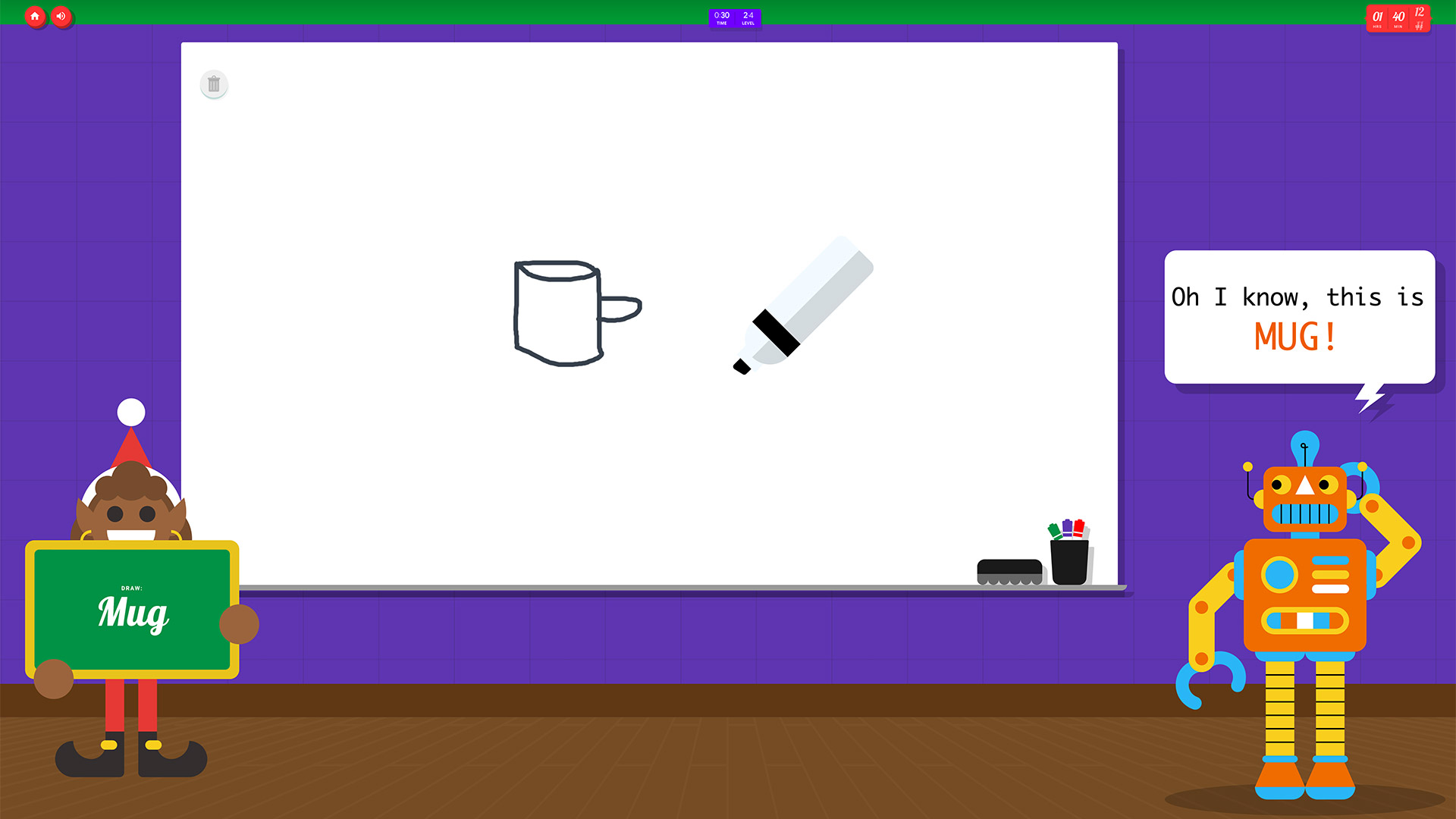 Screenshot of Google's Quick Draw game, showing a poorly drawn image of a mug