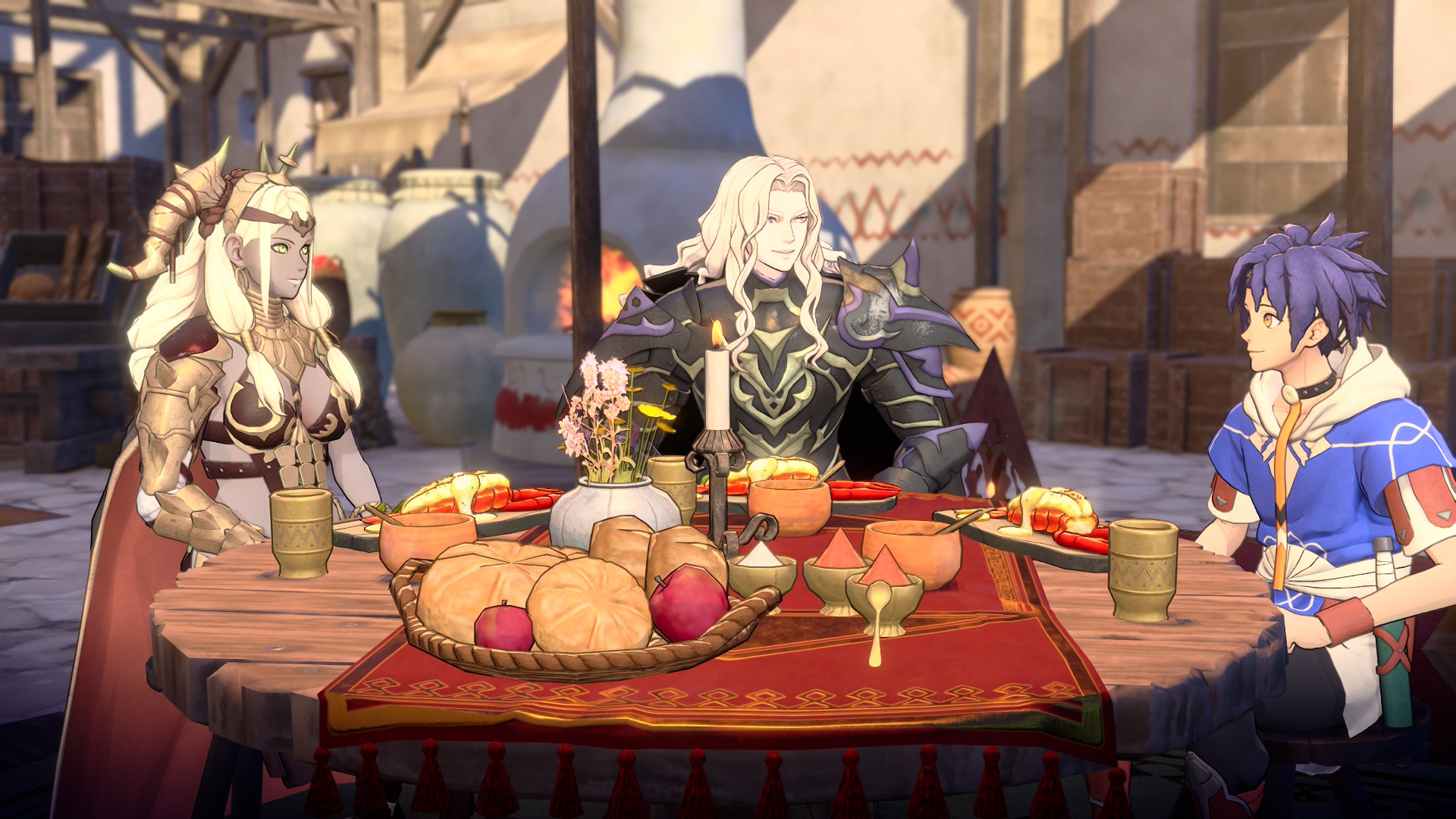 Dietrich, Theodora, and Cai have dinner in Fire Emblem: Fortune's Weave