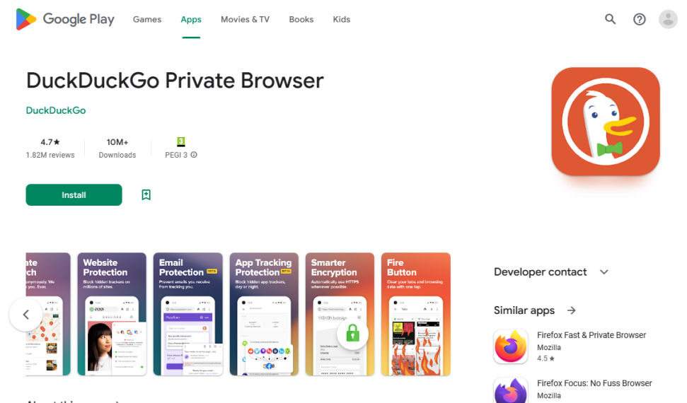 Website screenshot for DuckDuckGo on Google Play