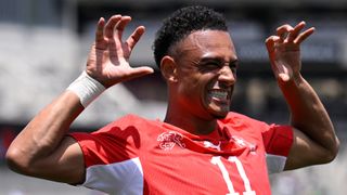 Dan Ndoye of Switzerland celebrates after scoring the team's first goal during the friendly match between Australia and Switzerland at Snapdragon Stadium on June 06, 2026 in San Diego, California