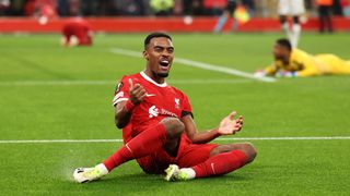 Ryan Gravenberch of Liverpool celebrates after scoring ahead of Bournemouth vs Liverpool match. 